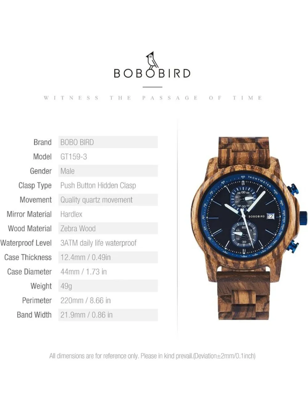 Men's Blue Analog Quartz Ultra-Light Luminous Chronograph Casual Wooden Watch